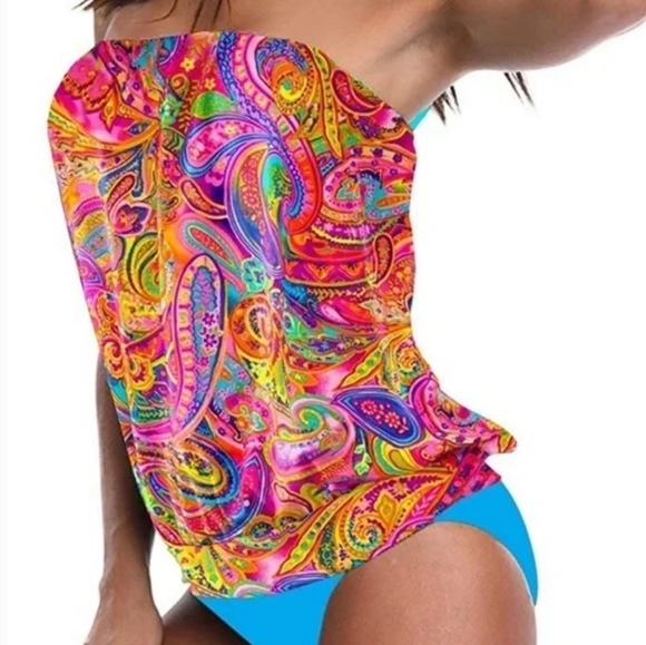 Chenghe Bandeau Blouson Tankini Top High Waisted Bottom Paisley Print Set Size M - Picture 2 of 13